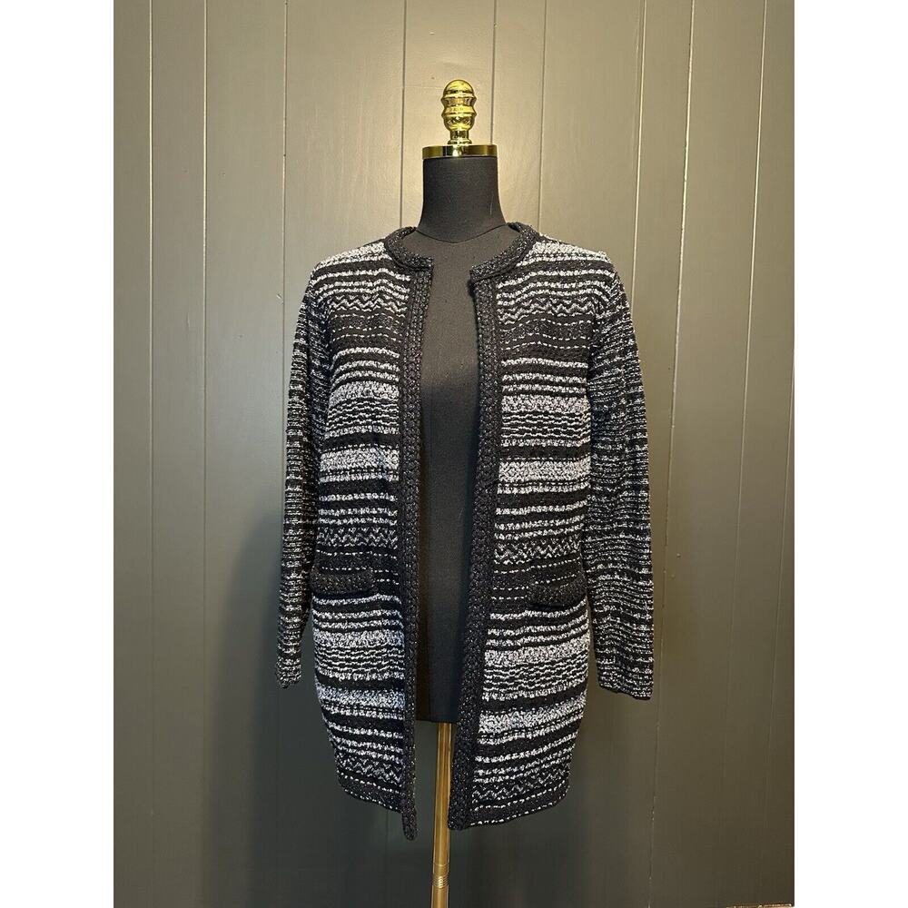 Talbots Black White Metallic Duster Open Front Cardigan Sweater Women’s‎ SP
